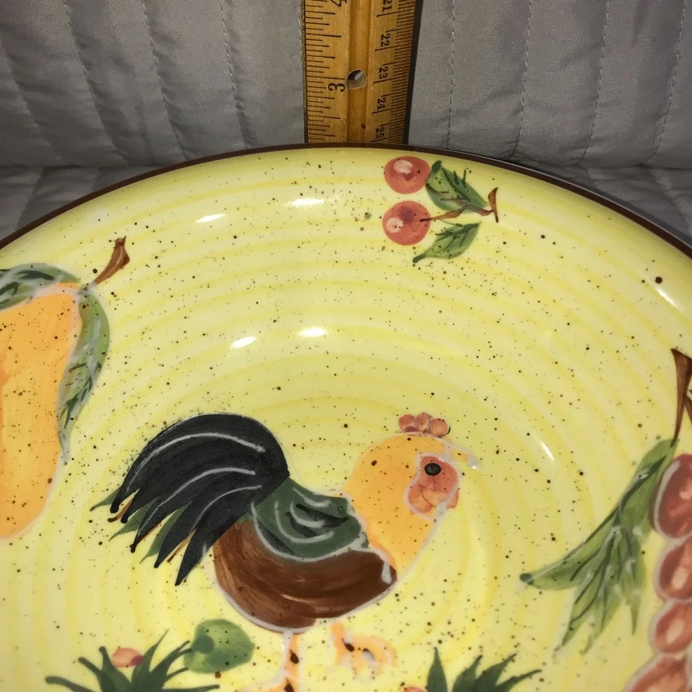 Hand Painted Tuscan Rooster Serving Bowl Chicken Farmhouse Decor 8.5” Yellow